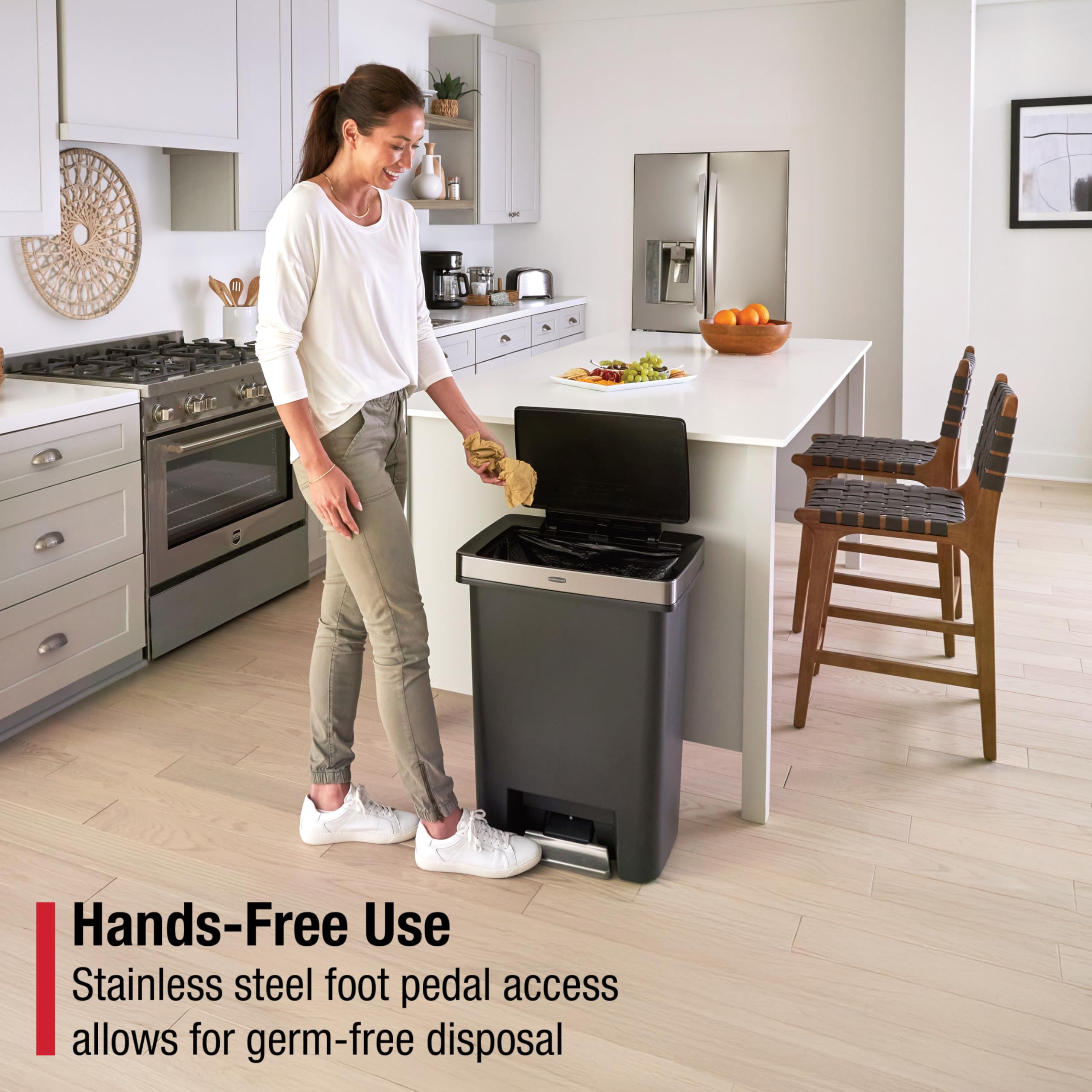 Rubbermaid Premier 19-gallon can has a flared anti-slip base for stability.