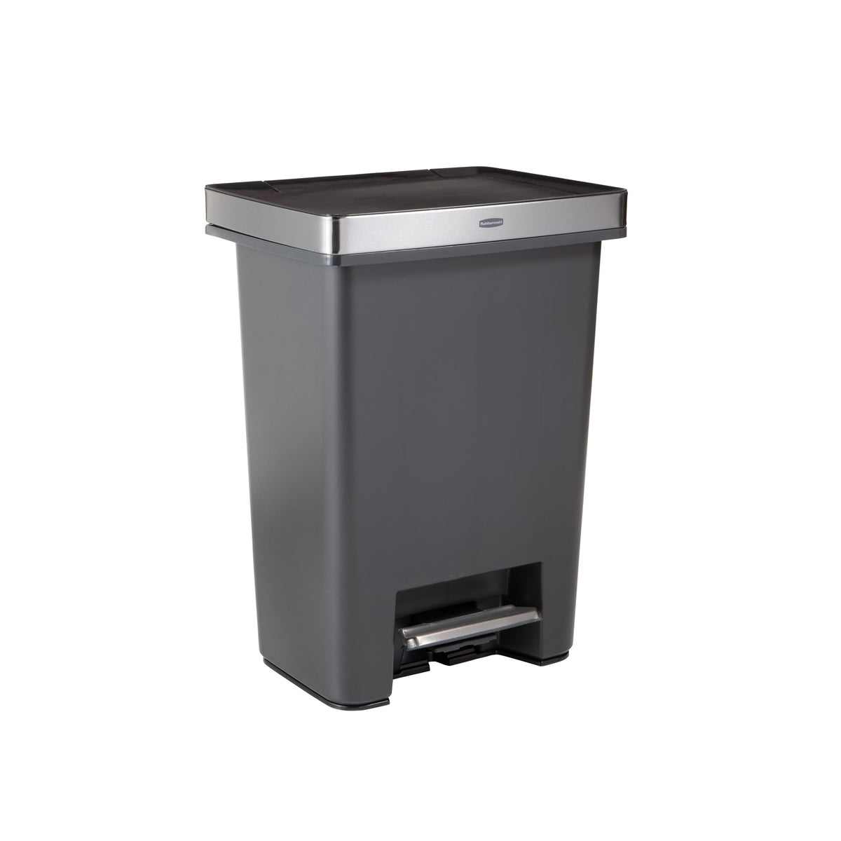 Rubbermaid Premier 19-gallon trash can front view showing large capacity.