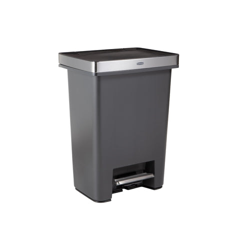 Rubbermaid Premier 19-gallon trash can front view showing large capacity.