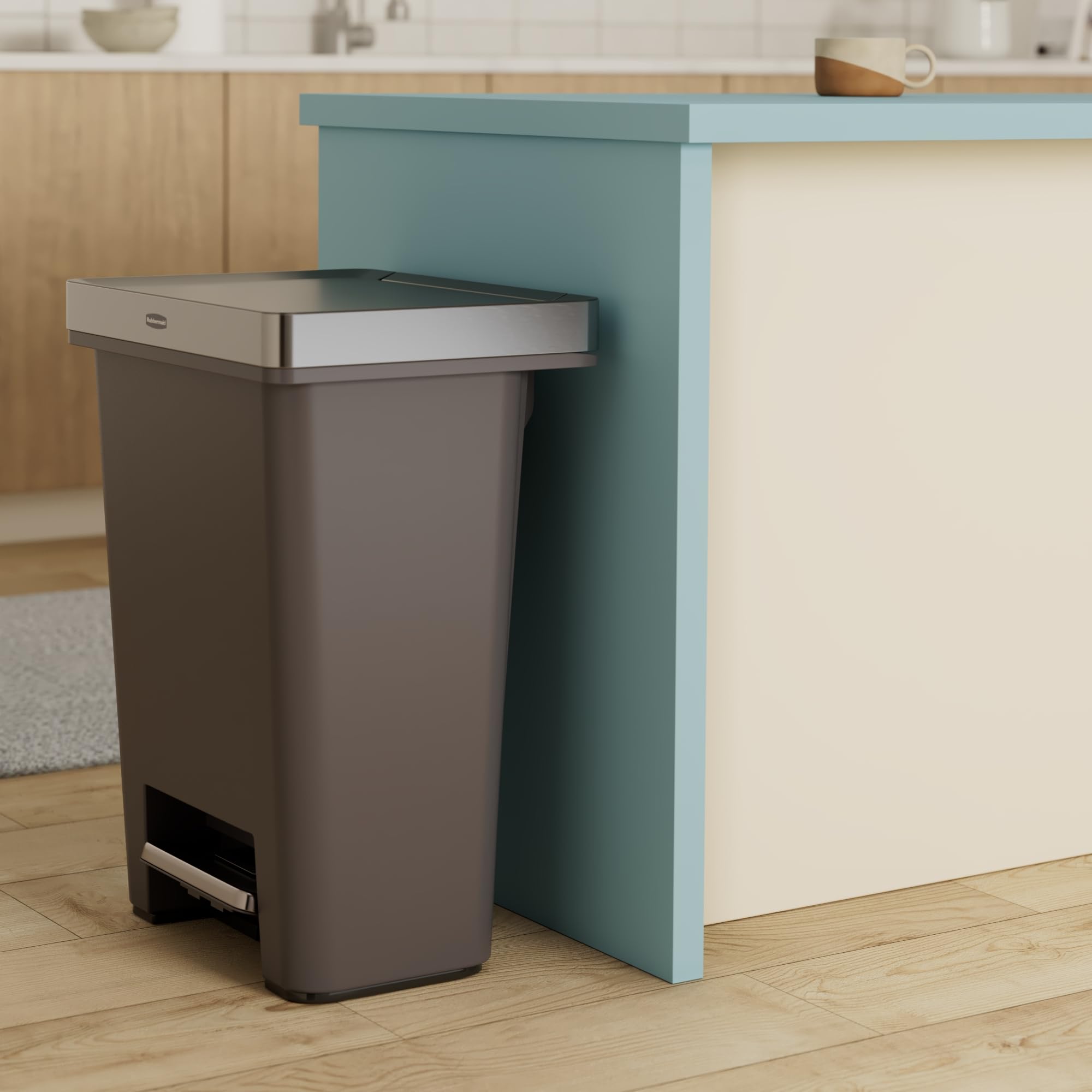 Rubbermaid Premier 19-gallon trash can with slow-close lid for quiet operation.