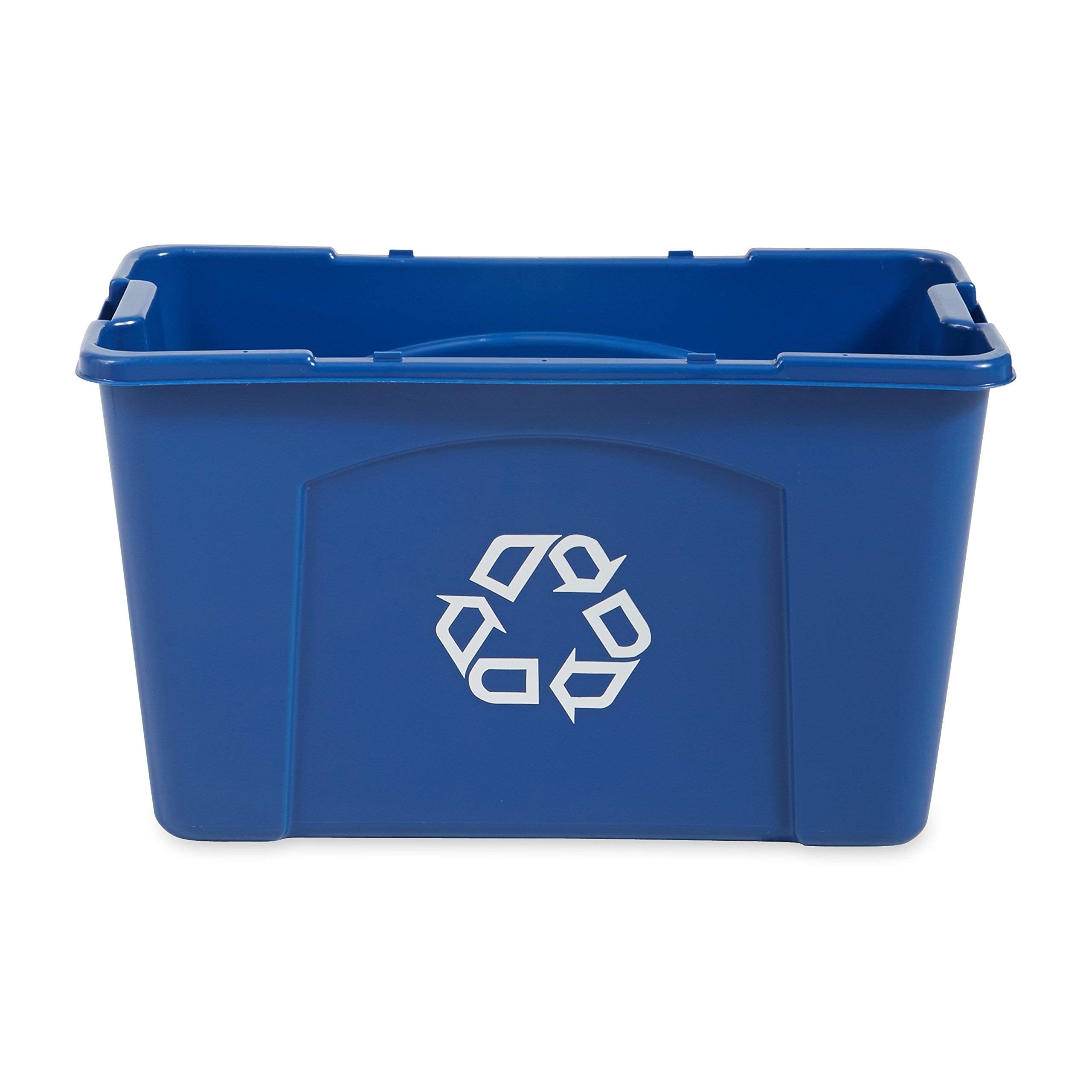 Rubbermaid blue recycling bin with built-in handles for simple lifting