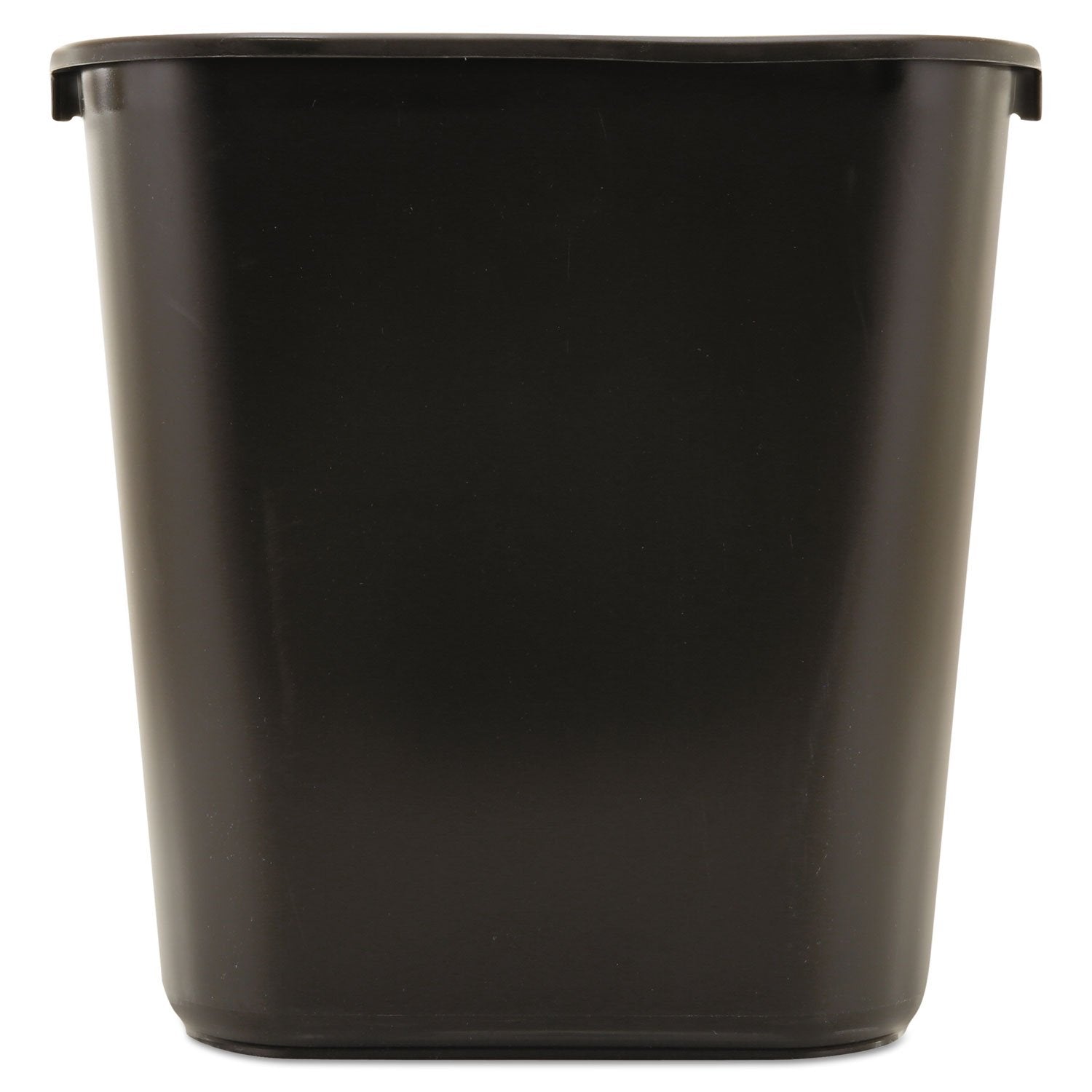 Rubbermaid resin wastebasket deskside in black for organized workspace and quick disposal.