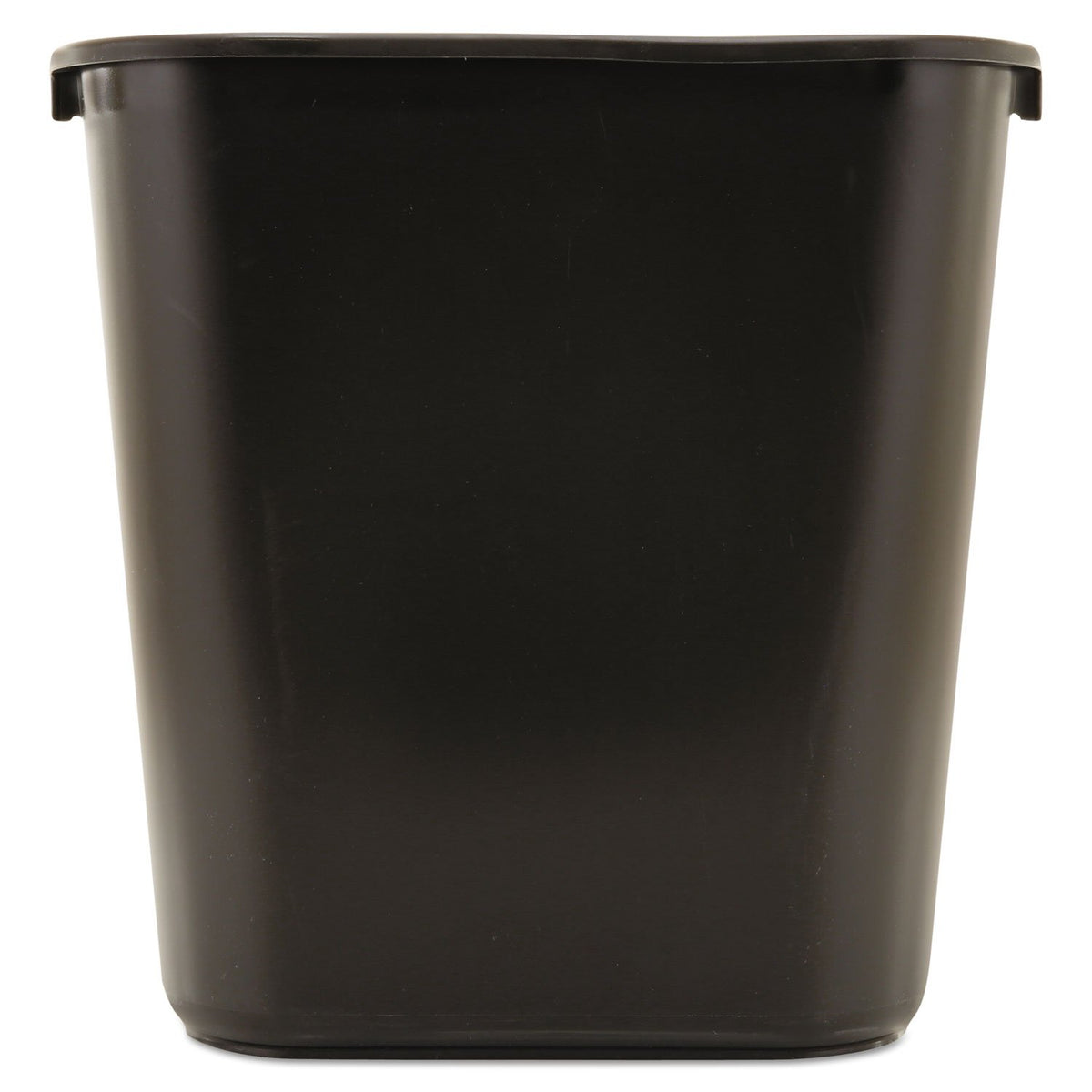 Rubbermaid resin wastebasket deskside in black for organized workspace and quick disposal.