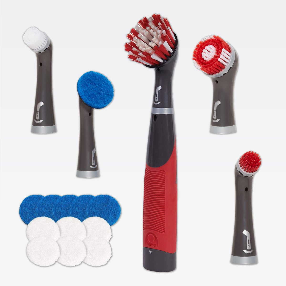 Rubbermaid Reveal Power Scrubber handle in use for tight bathroom corners