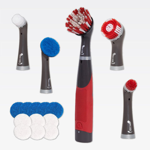 Rubbermaid Reveal Power Scrubber handle in use for tight bathroom corners