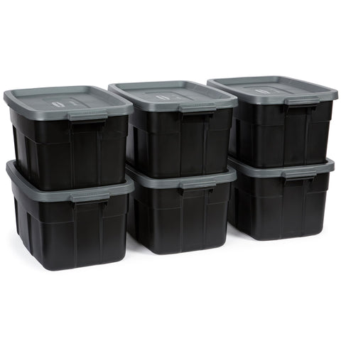 Rubbermaid Roughneck 14 Gal tote with lid stacked for space-saving storage.