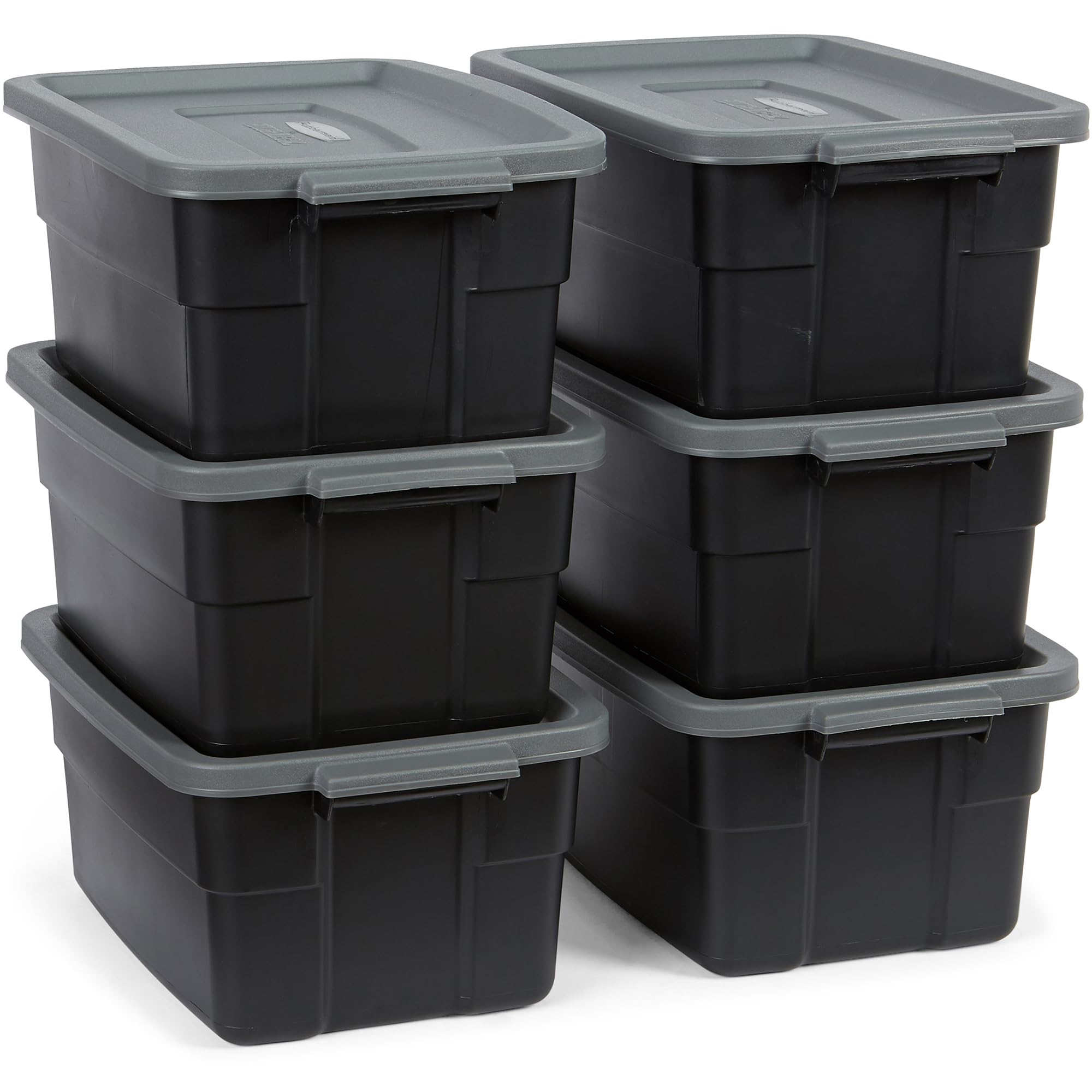 Rubbermaid Roughneck 6-pack tote with closed lid for durable storage.