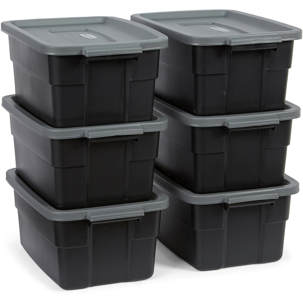 Rubbermaid Roughneck 6-pack tote with closed lid for durable storage.