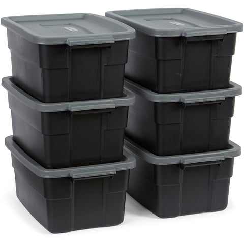 Rubbermaid Roughneck 6-pack tote with closed lid for durable storage.