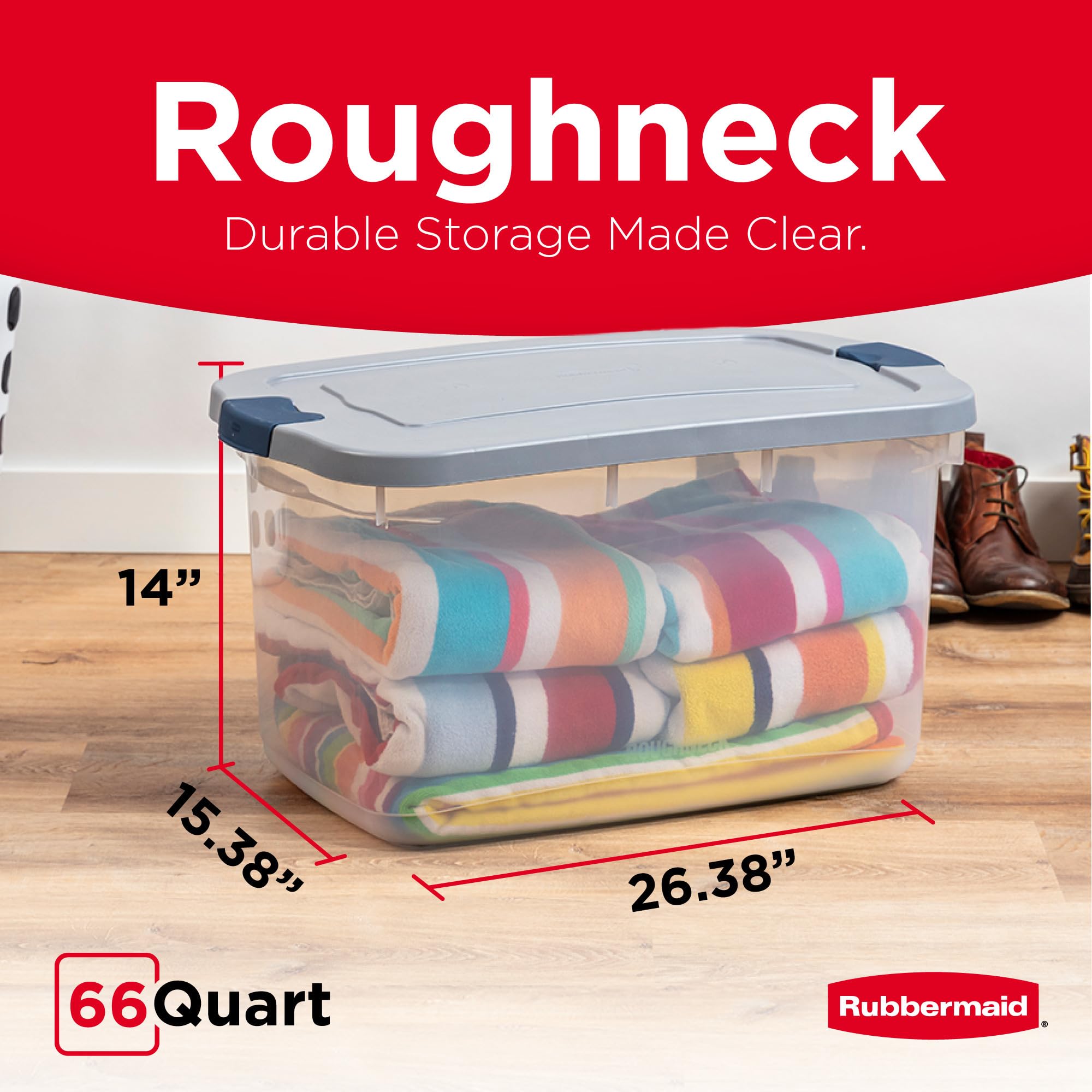 Rubbermaid Roughneck clear 66qt bin with snap-tight lid protects against dust
