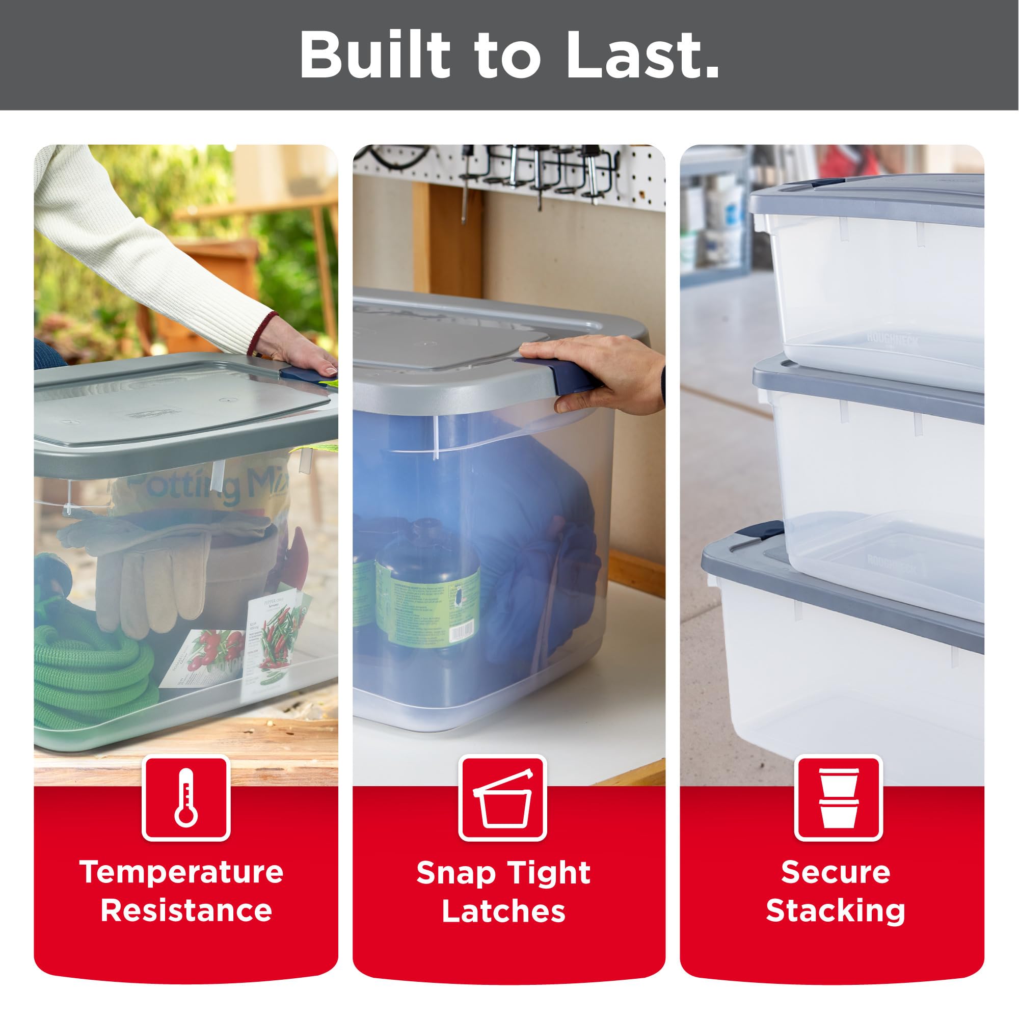 Rubbermaid Roughneck clear 66qt bin stacks securely for space-saving organization