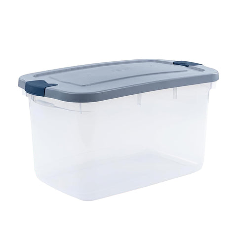Rubbermaid Roughneck clear base tote shows contents for easy ID