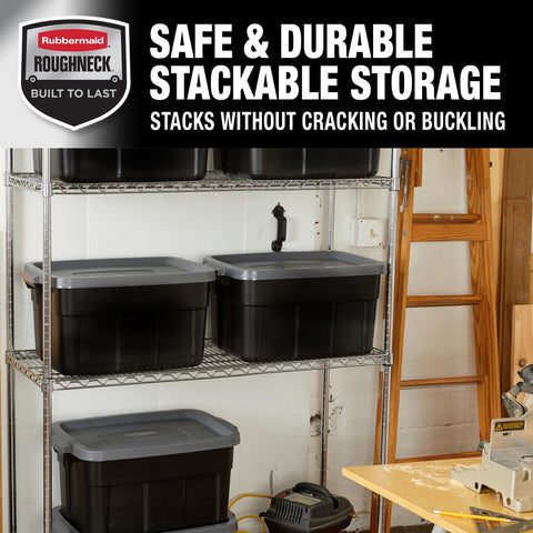 Rubbermaid Roughneck lid with recessed design for stable stacking.