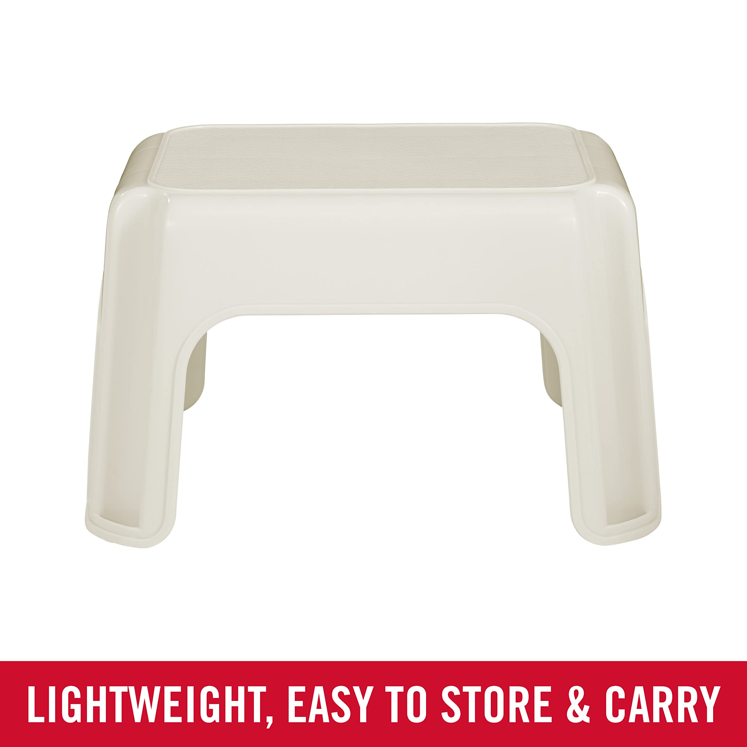Rubbermaid Roughneck step stool bisque, side view, compact for storage and frequent use