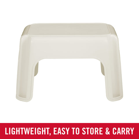 Rubbermaid Roughneck step stool bisque, side view, compact for storage and frequent use