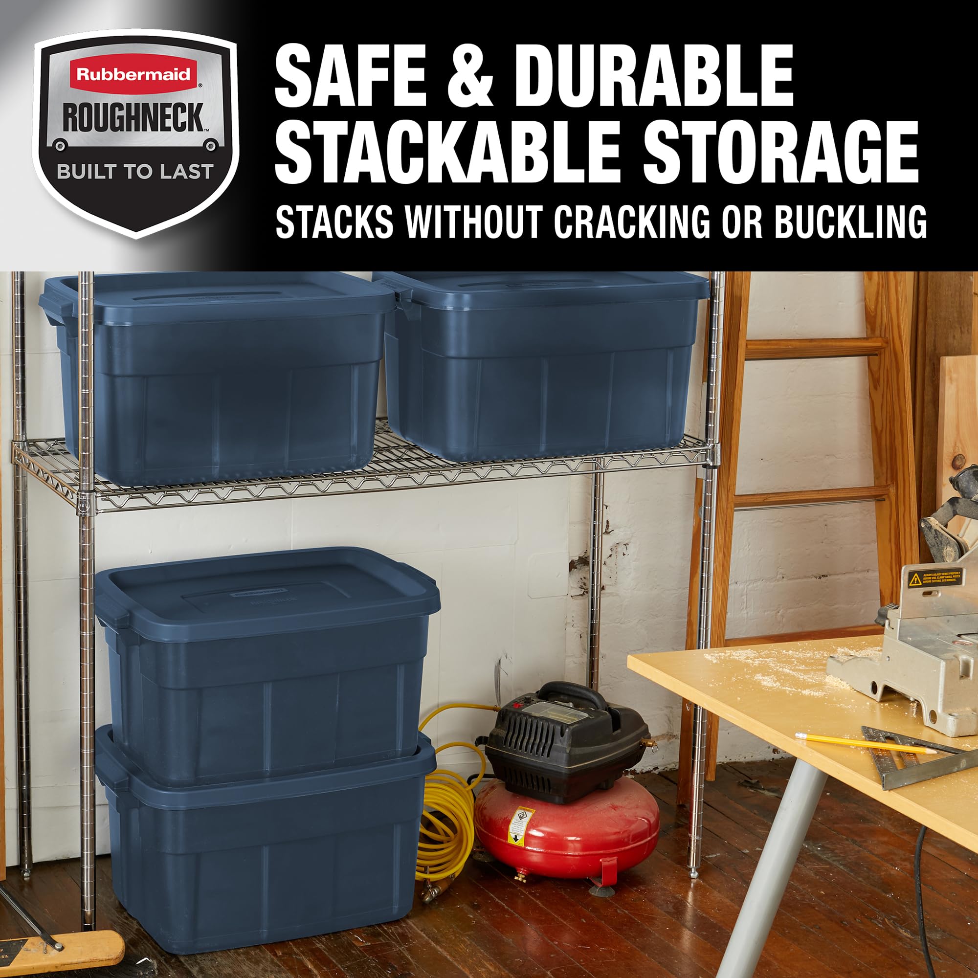 Rubbermaid Roughneck Tote 14 Gal dark indigo metallic aesthetic enhances workshop organization.