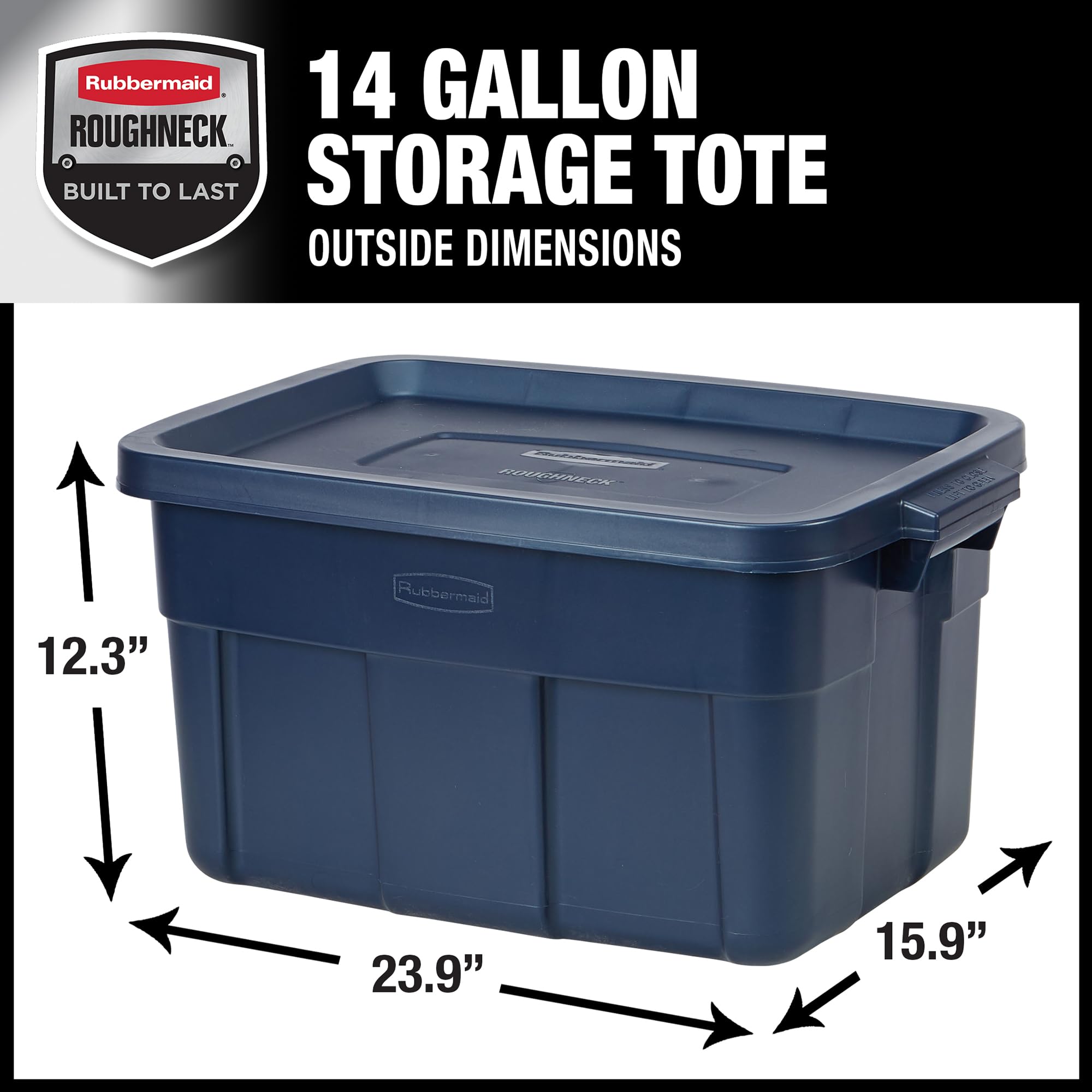 Rubbermaid Roughneck Tote 14 Gal durable construction withstands temperature extremes for versatile storage.