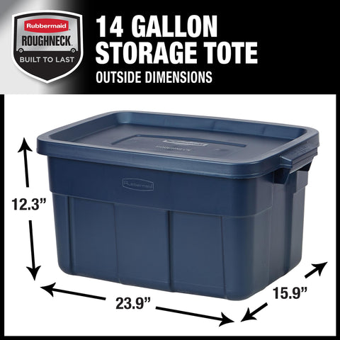 Rubbermaid Roughneck Tote 14 Gal durable construction withstands temperature extremes for versatile storage.