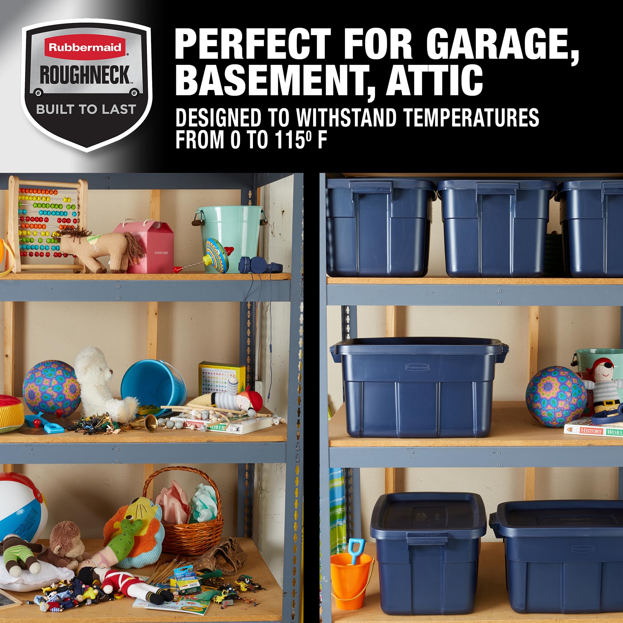 Rubbermaid Roughneck Tote 14 Gal handles provide easy transport even when full.