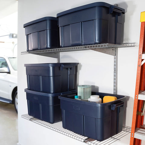 Rubbermaid Roughneck Tote 14 Gal stacked design saves space in garages and attics.