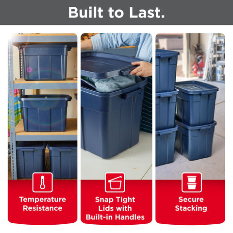 Stacked Rubbermaid Roughneck Totes 18 Gal in dark indigo, space-saving design