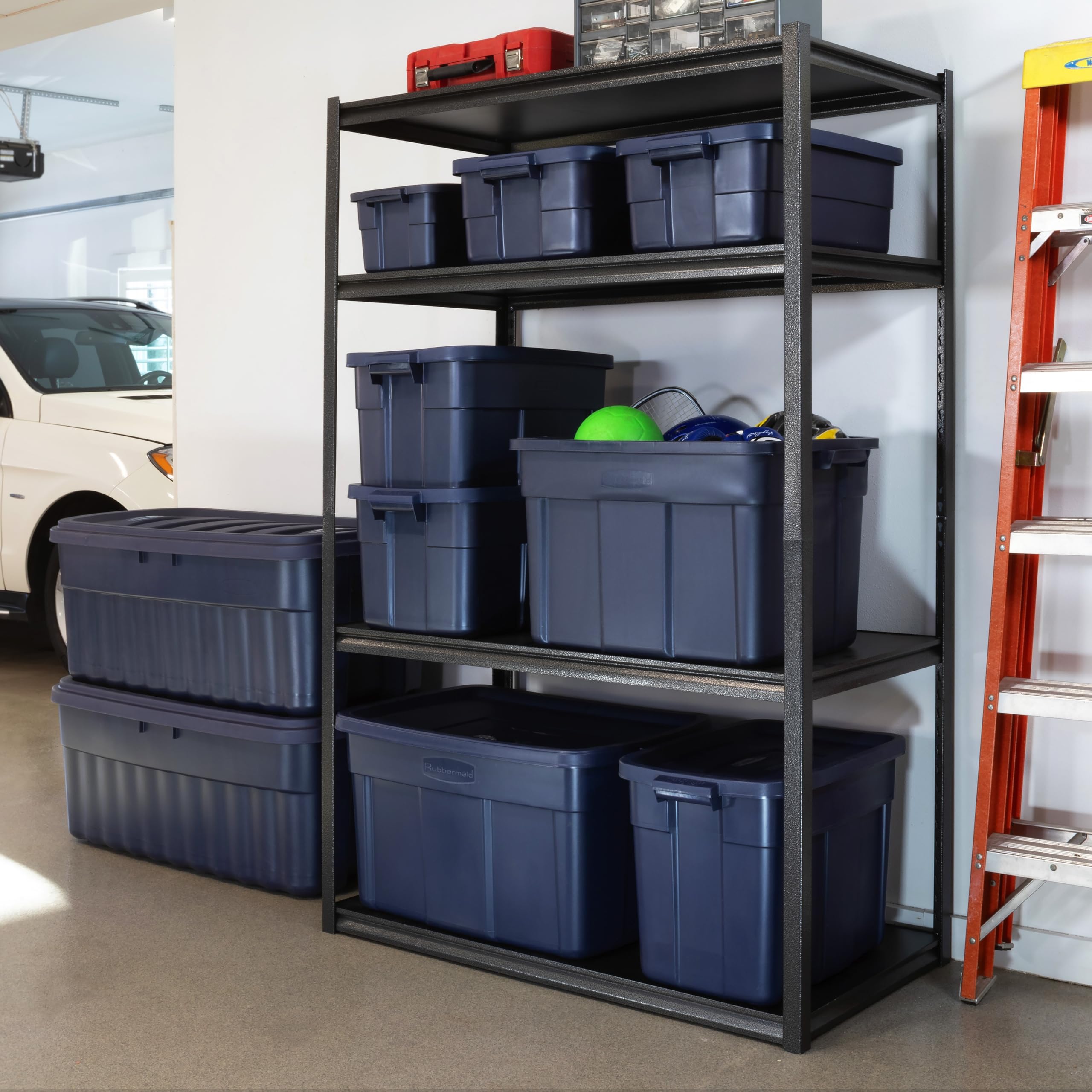 Rugged Rubbermaid Roughneck tote setup in dark indigo, durable storage solution
