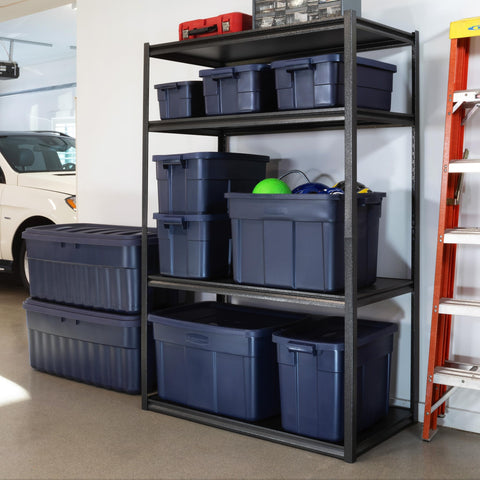 Rugged Rubbermaid Roughneck tote setup in dark indigo, durable storage solution