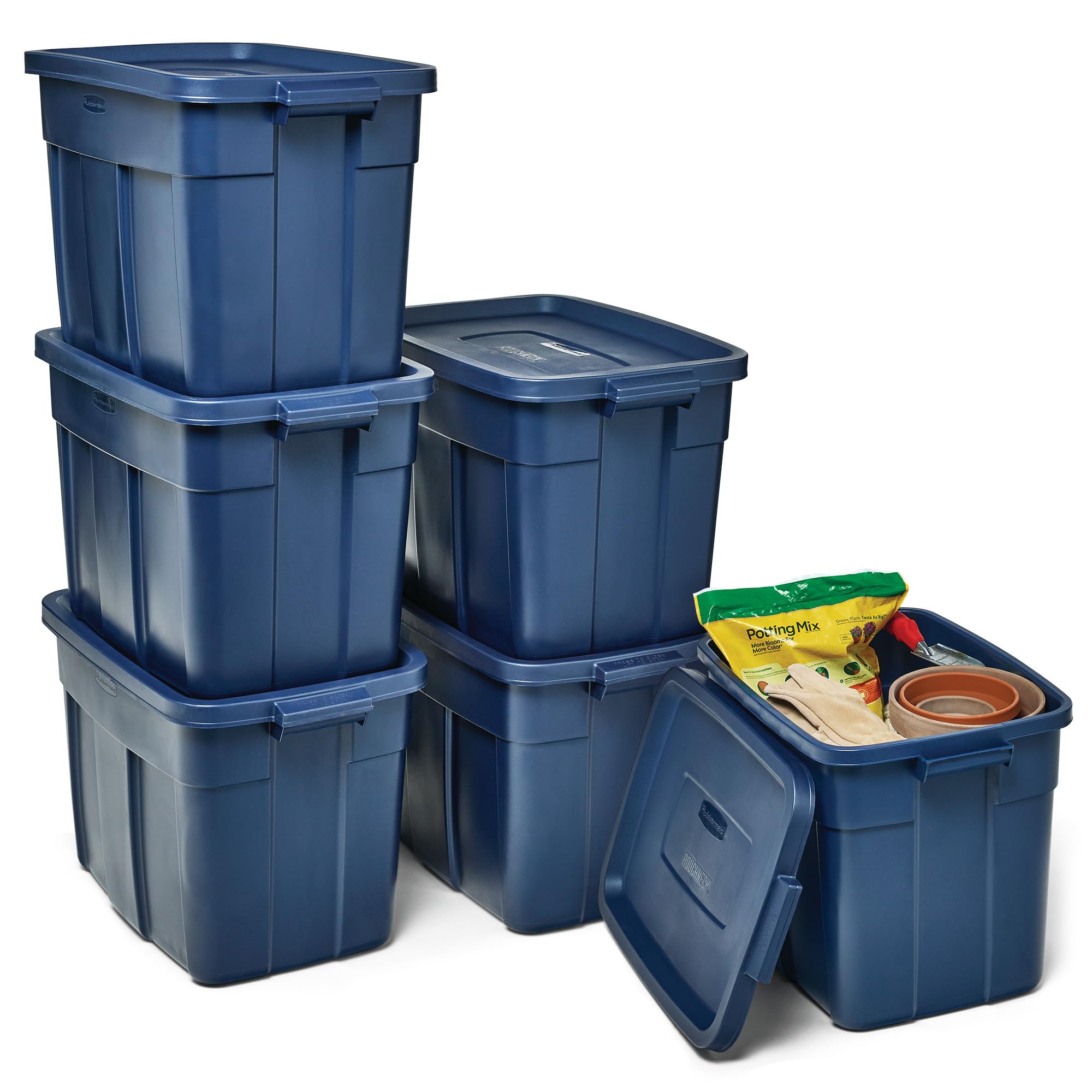 Rubbermaid Roughneck Tote 18 Gal in dark indigo, rugged home storage use