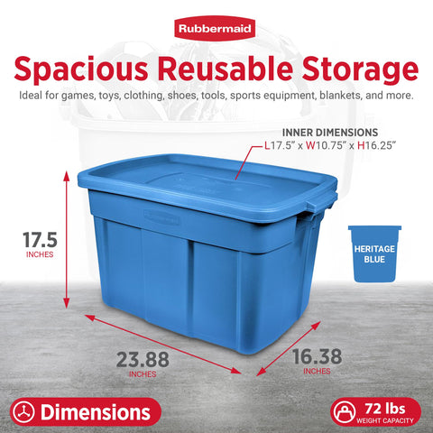 Rubbermaid Roughneck tote 18gal stackable lids save space