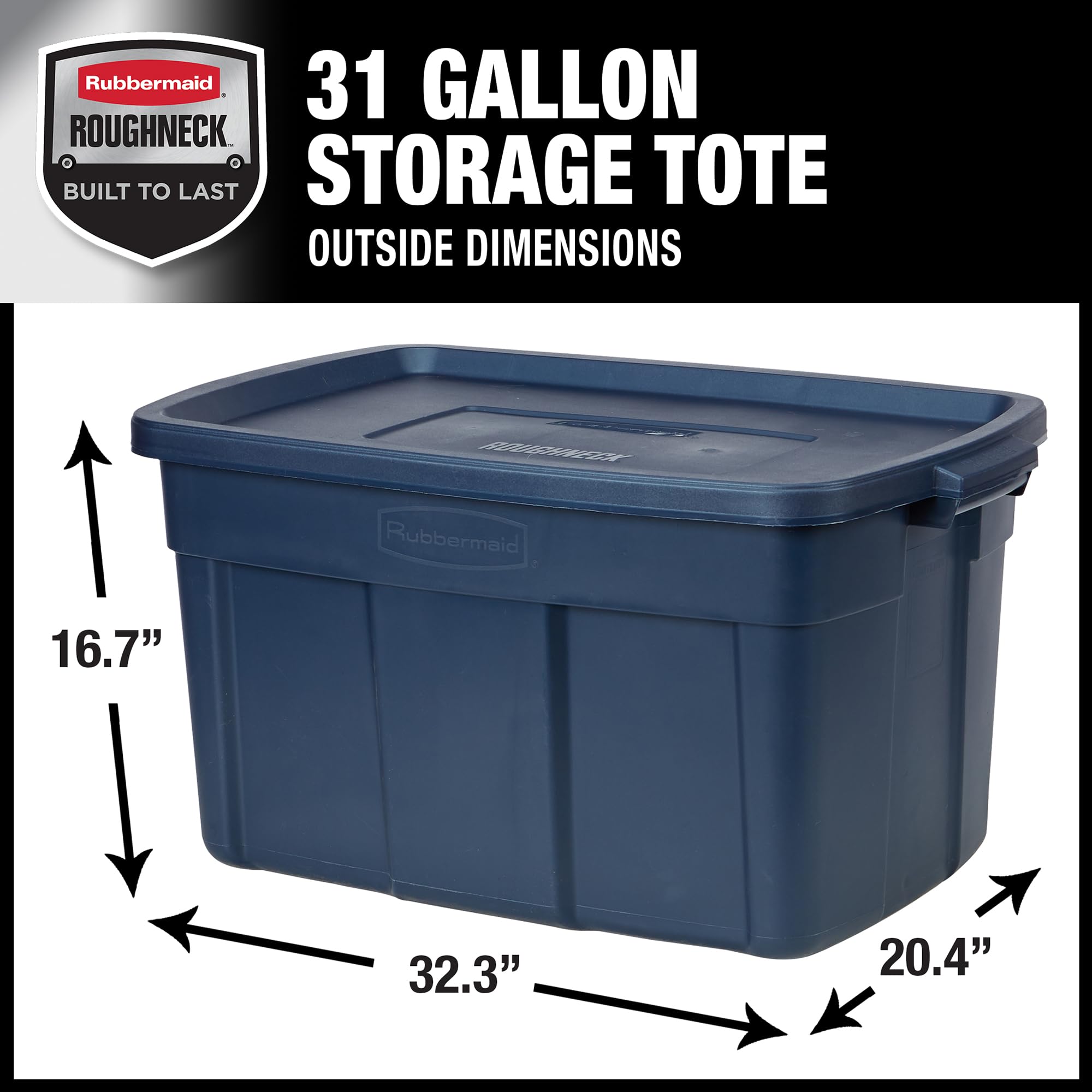 Rubbermaid Roughneck Tote 31gal lid closure protects contents from dust and pests