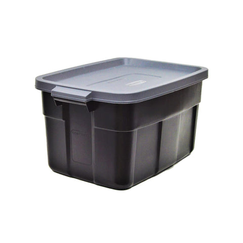 Rubbermaid Roughneck tote 31gal stackable for garage organization and durable storage.
