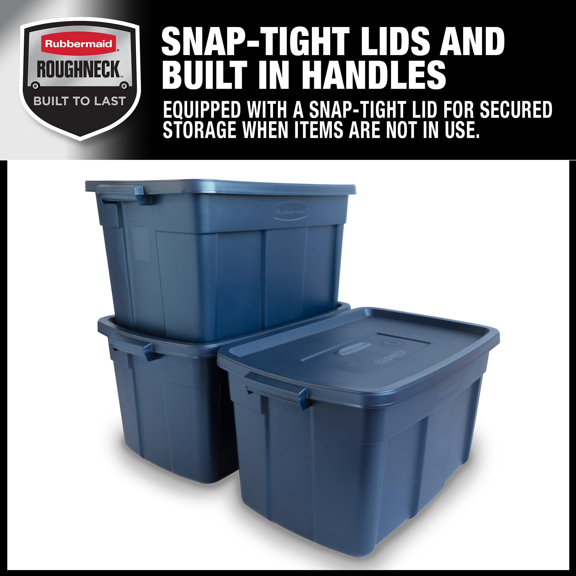Rubbermaid Roughneck Tote 31gal stacked lids optimize shelf space
