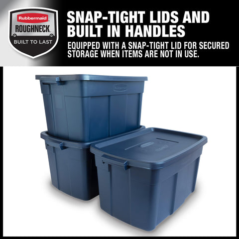 Rubbermaid Roughneck Tote 31gal stacked lids optimize shelf space