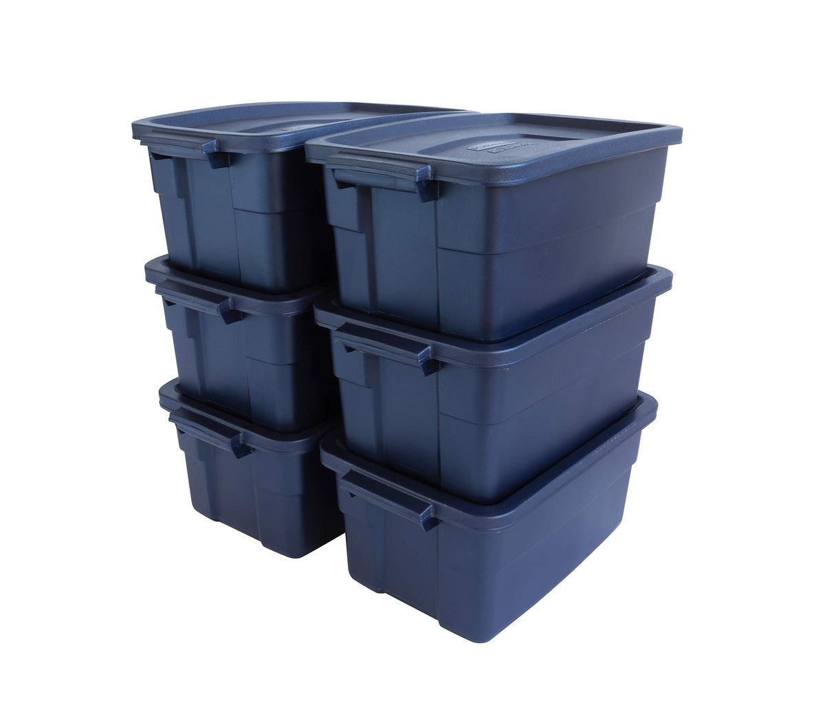 Rubbermaid Roughneck tote with lid in dark indigo stores items neatly.