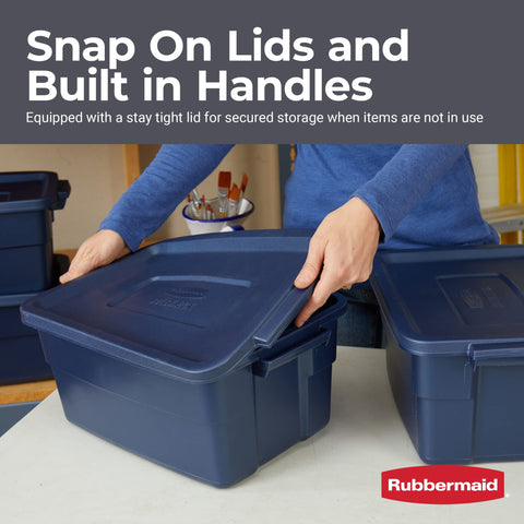Rubbermaid Roughneck 3 Gal tote shows interior capacity for small parts.