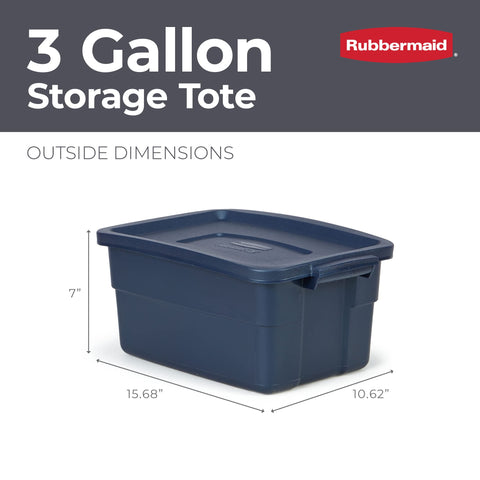 Rubbermaid Roughneck tote stacked in garage for organized tools.