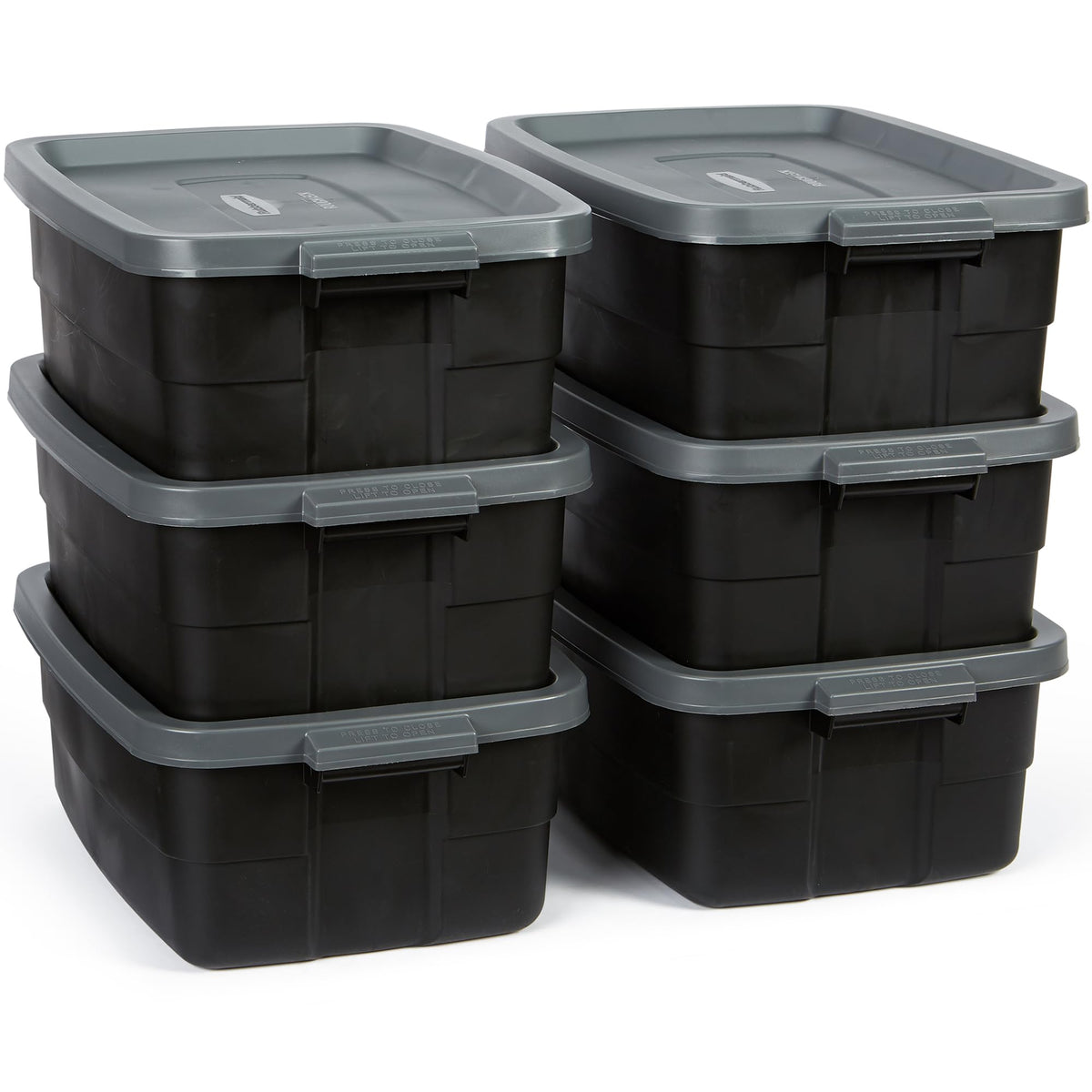 Rubbermaid Roughneck tote front view in six-pack setup for durable storage