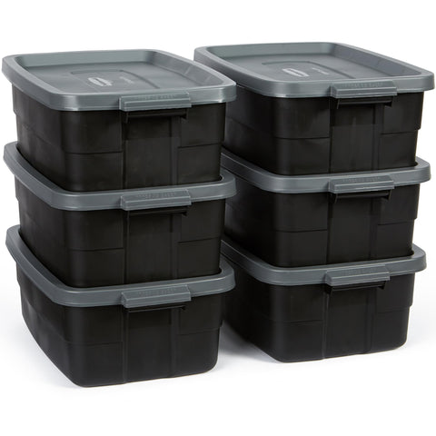 Rubbermaid Roughneck tote front view in six-pack setup for durable storage
