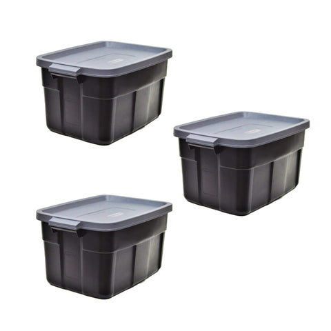 Rubbermaid Roughneck tote with secure lid supports clutter-free attic storage.