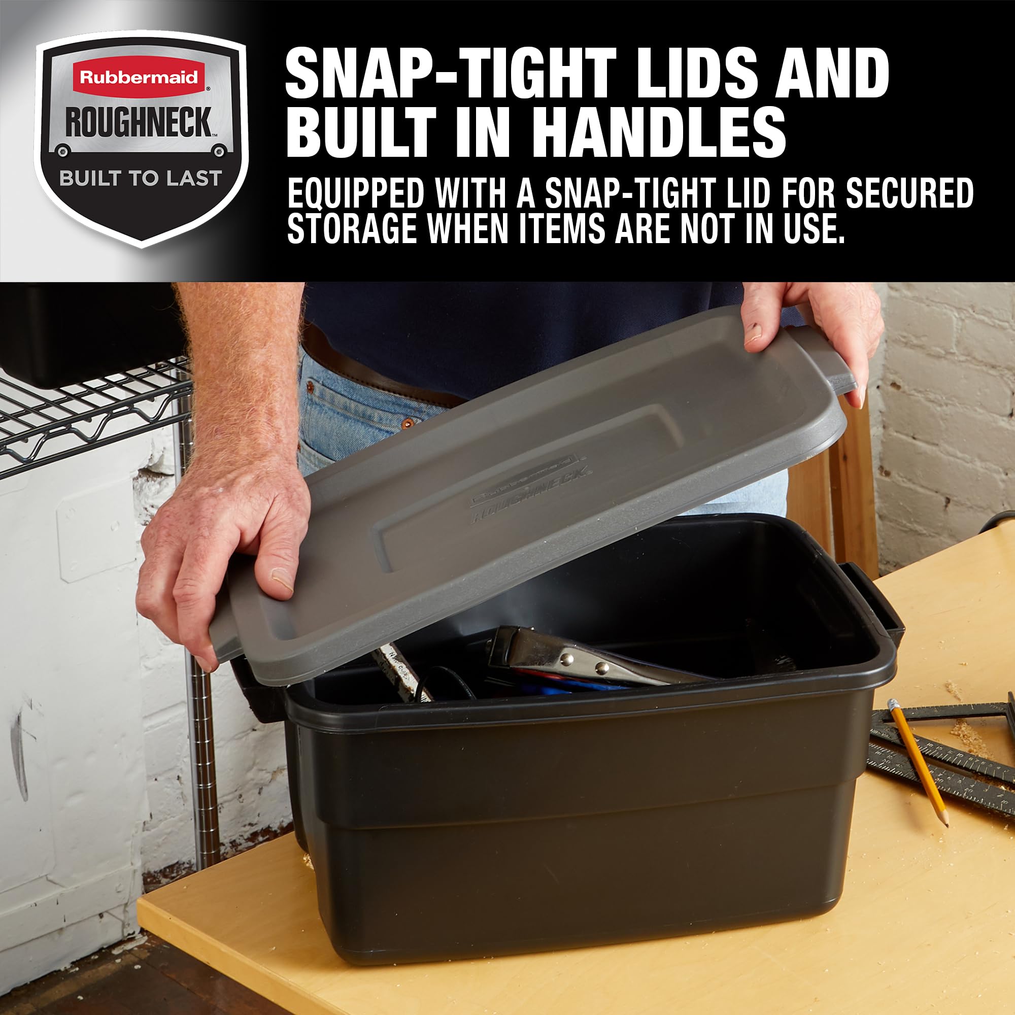 Roughneck tote with snap lid and sturdy handle for easy transport.