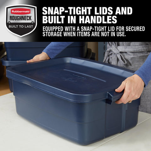Rubbermaid Roughneck tote stackable design for space-efficient garage storage