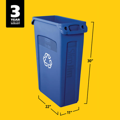 Rubbermaid Slim Jim blue recycling bin signals reuse and waste diversion