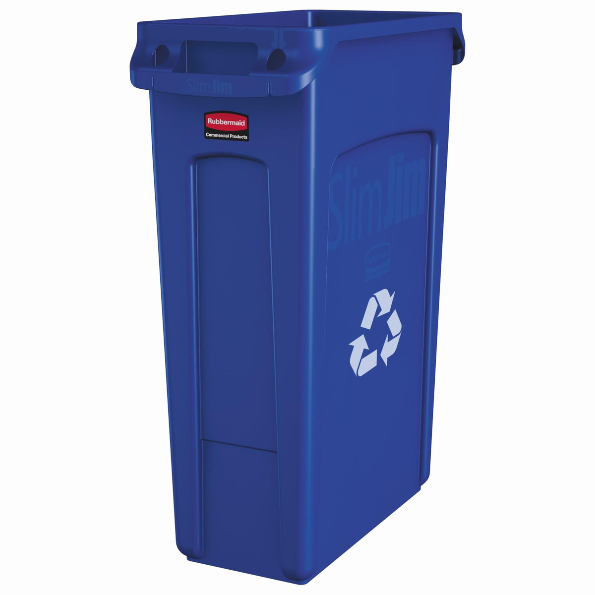 Rubbermaid Slim Jim vented bin in blue, front view highlights air flow and quick bag removal