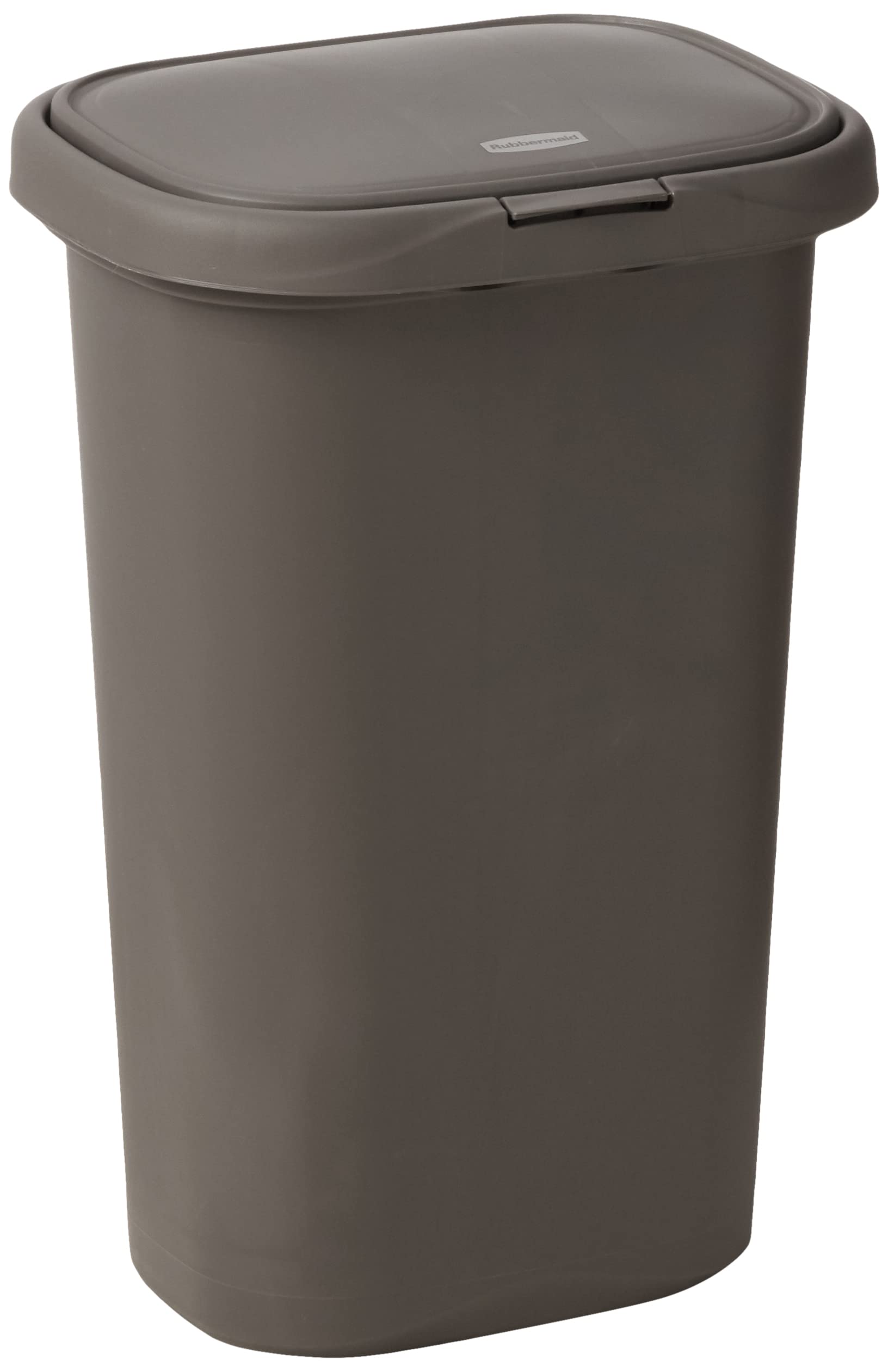 Rubbermaid Spring Top trash can with lid open, ideal for quick kitchen disposal