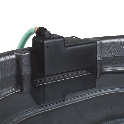 Rubbermaid stock tank float valve outdoors in weather-ready setup.