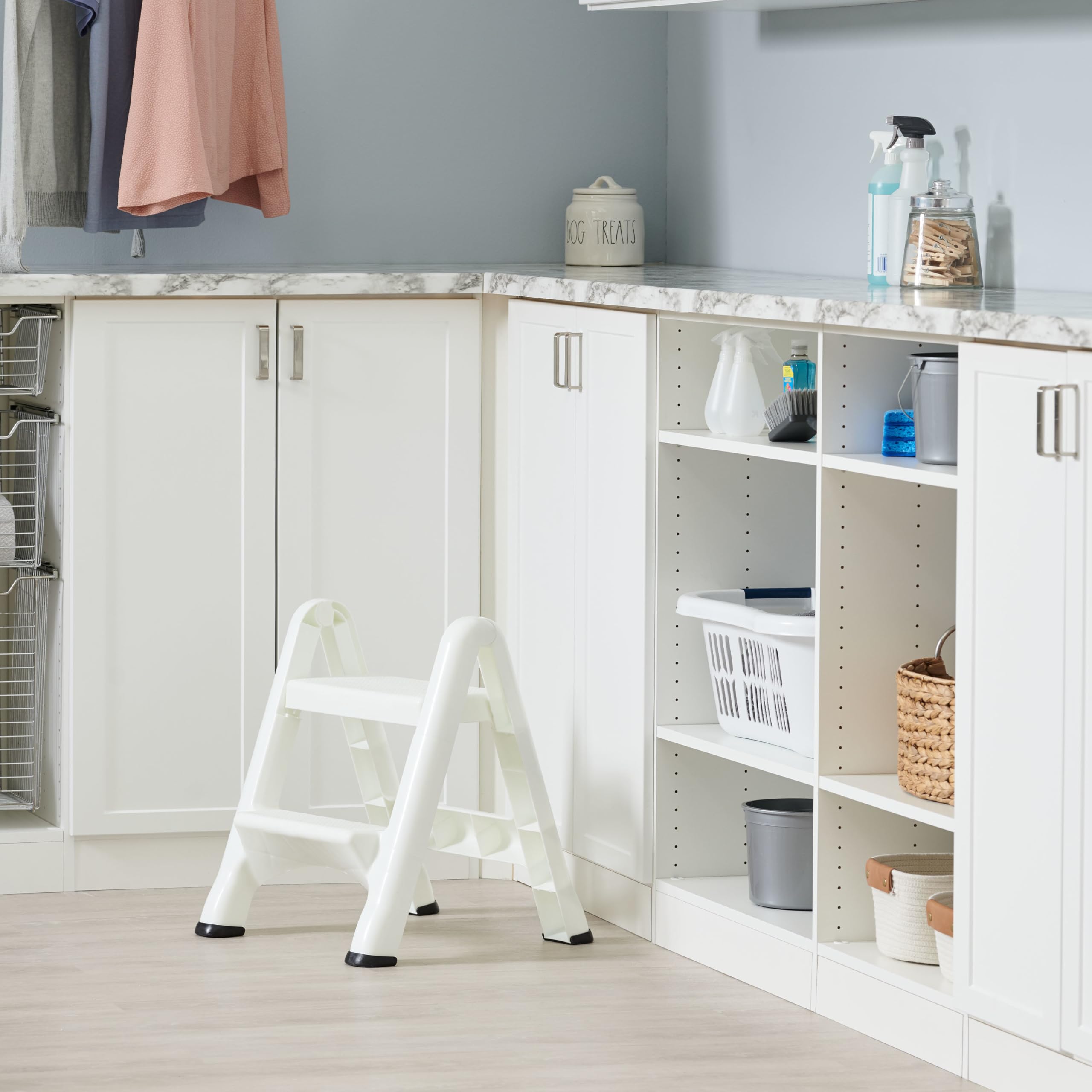 Rubbermaid durable white plastic step stool for daily tasks.
