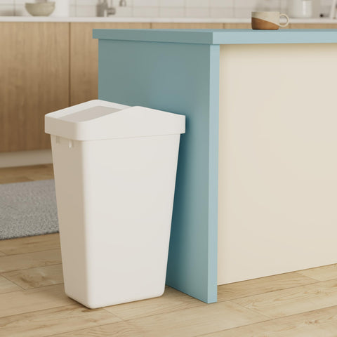 Rubbermaid swing-top waste container slim profile fits tight spaces