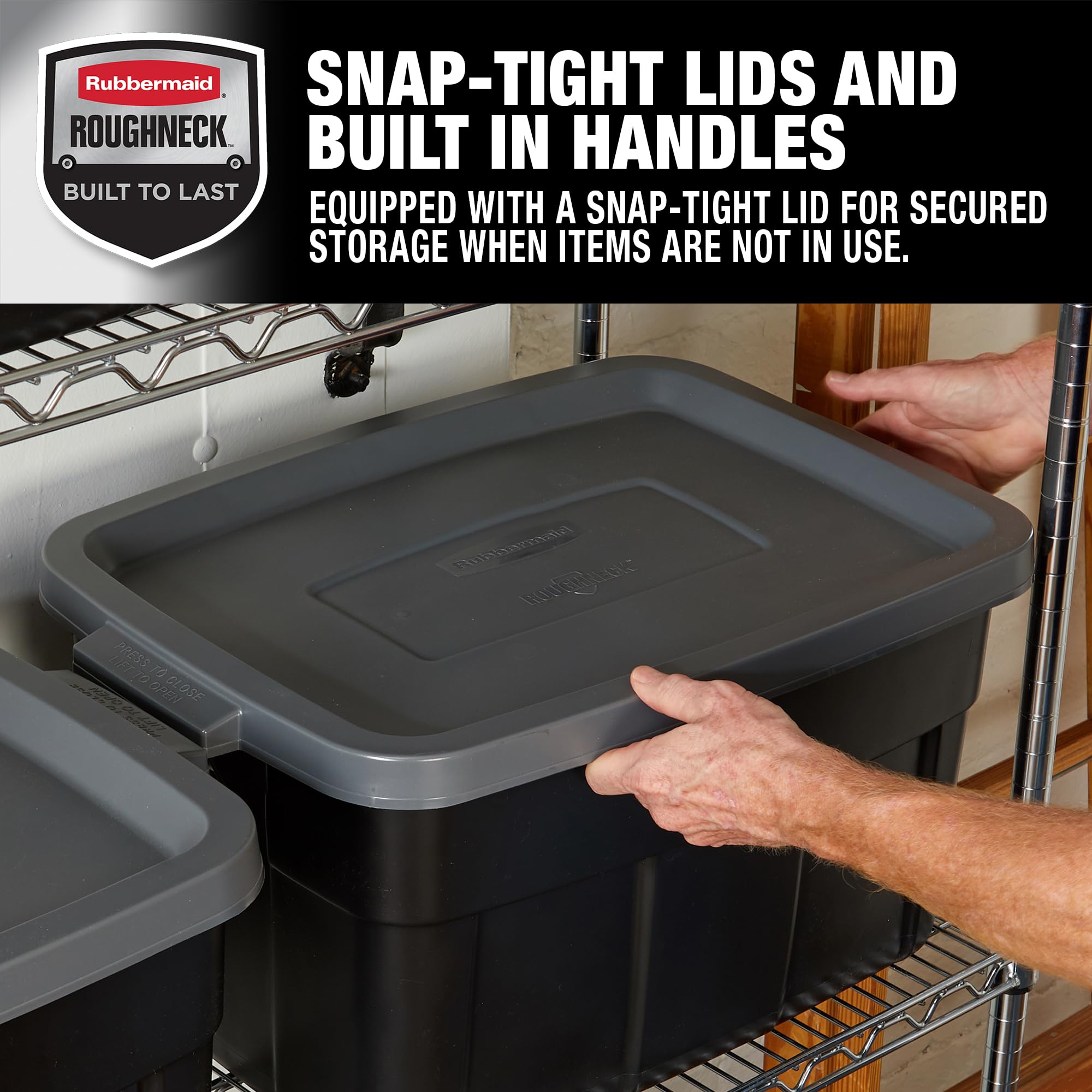 Rubbermaid tote with lid organizing sports gear in a garage.