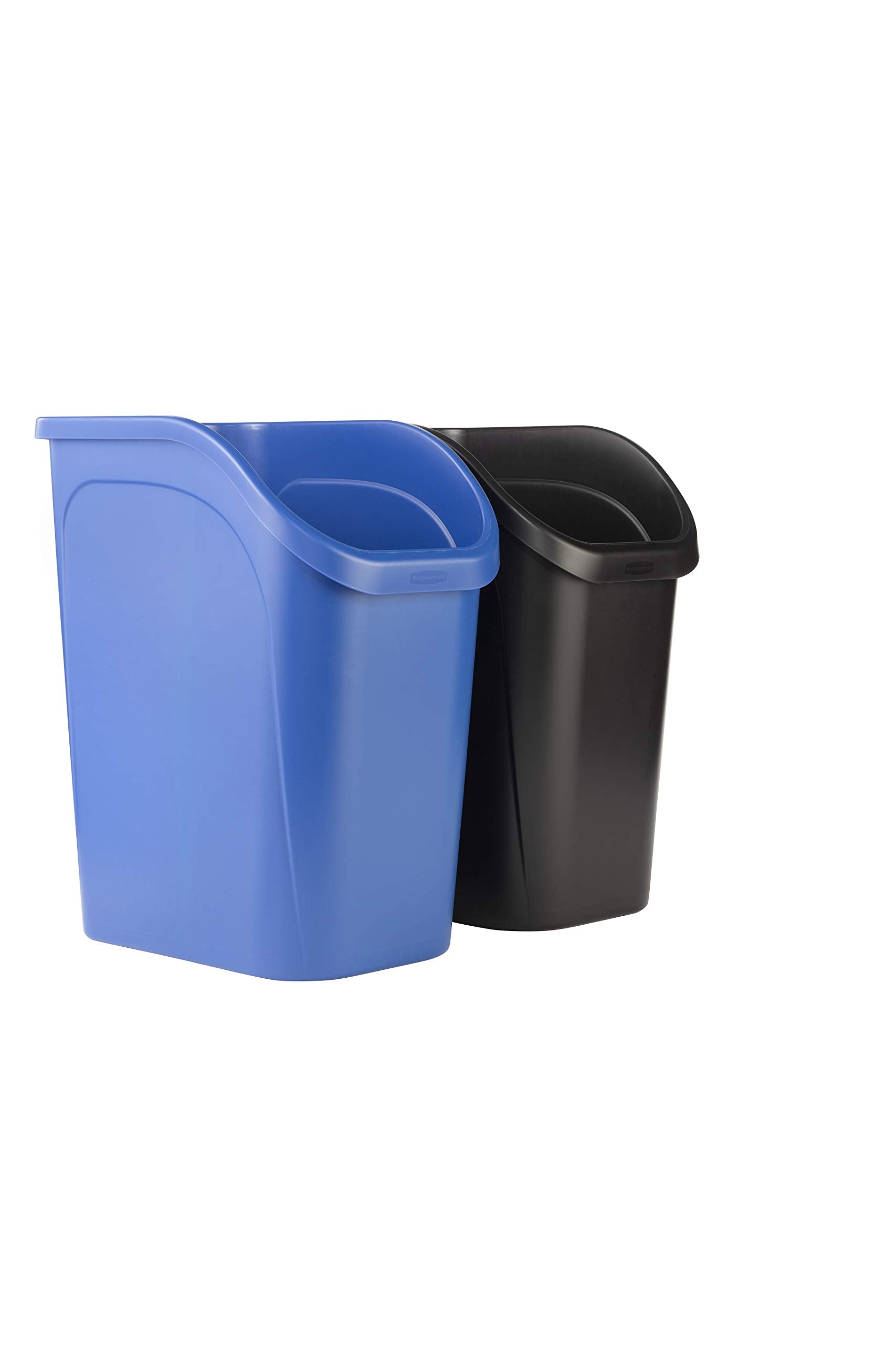 Rubbermaid undercounter trash can 2-pack in blue and black for dual-stream waste.