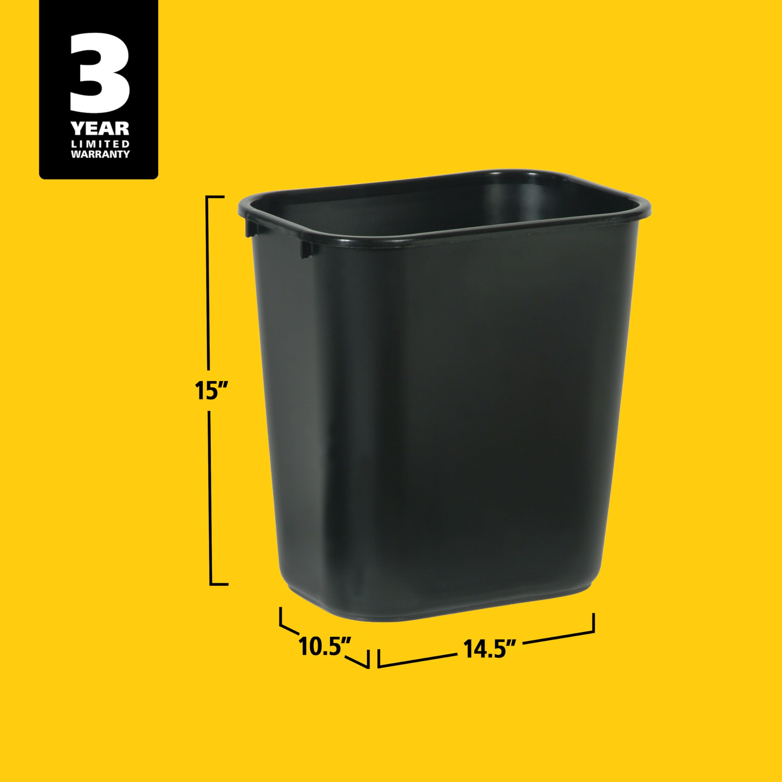Rubbermaid 7-gallon black wastebasket with durable plastic construction for everyday use.